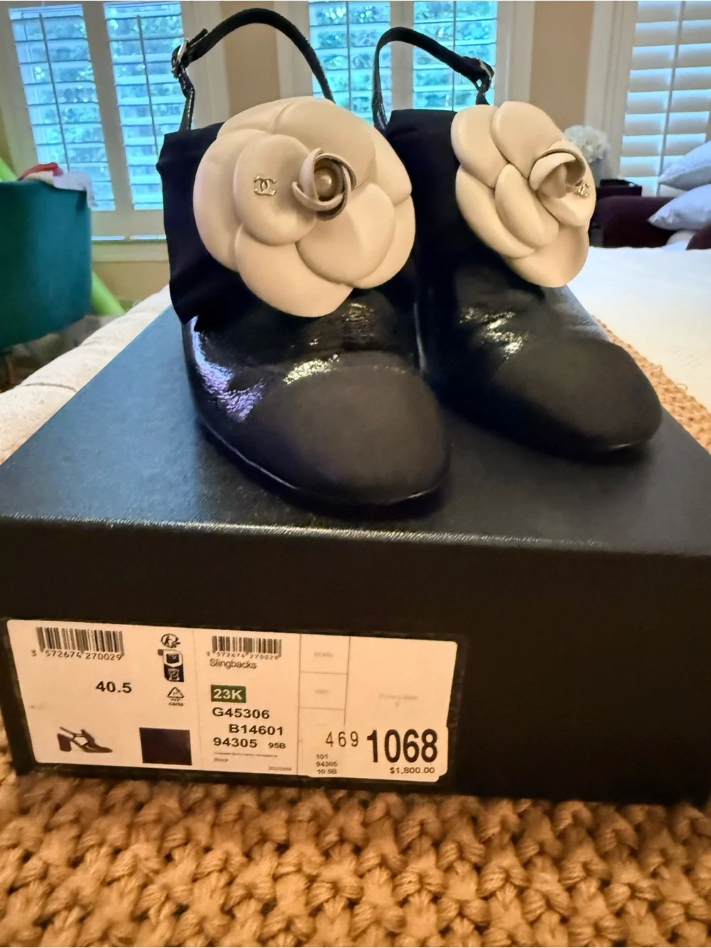 CHANEL Black Slingback Mules with White Camellia Flower